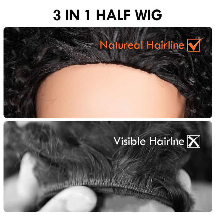 [No Code Needed] 3 In 1 Curly Half Wig Human Hair Flip Over Glueless Wig with Drawstrings
