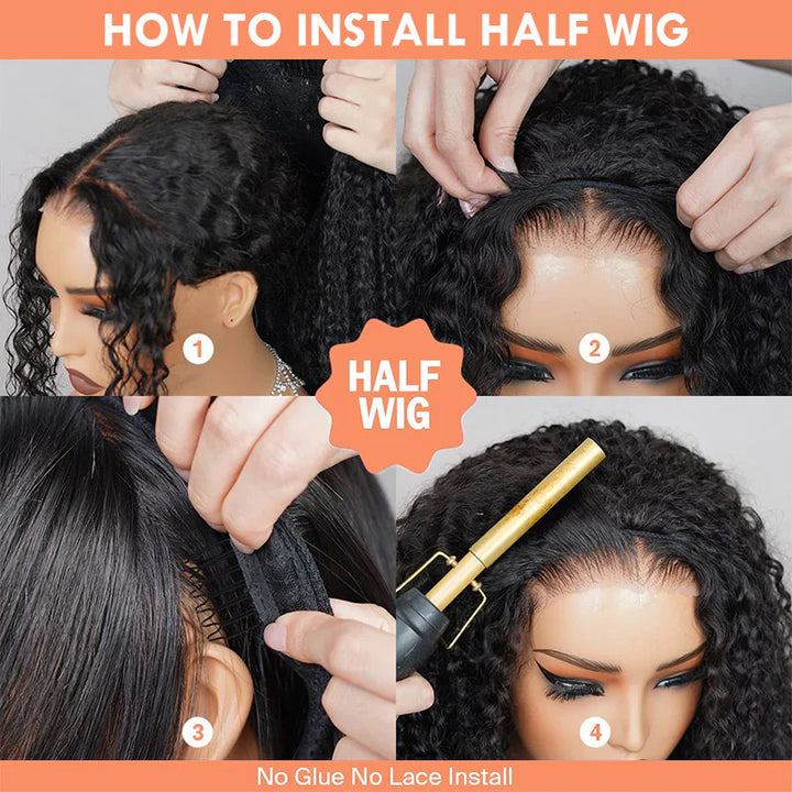 [No Code Needed] Kinky Curly Human Hair Half Wig With Drawstring 3 IN 1 Seamless Clip Ins Flip Over