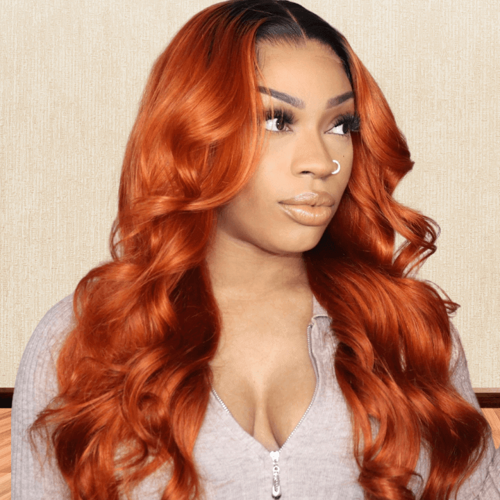 Dark Roots Ginger Orange Ombre Human Hair Lace Frontal Wigs