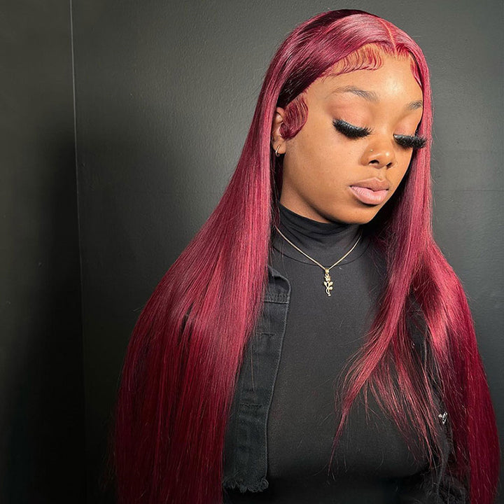Bling Hair Burgundy Straight Lace Front Human Hair Wigs 99J Color Wear and Go Glueless 5x5 Lace Closure Wig