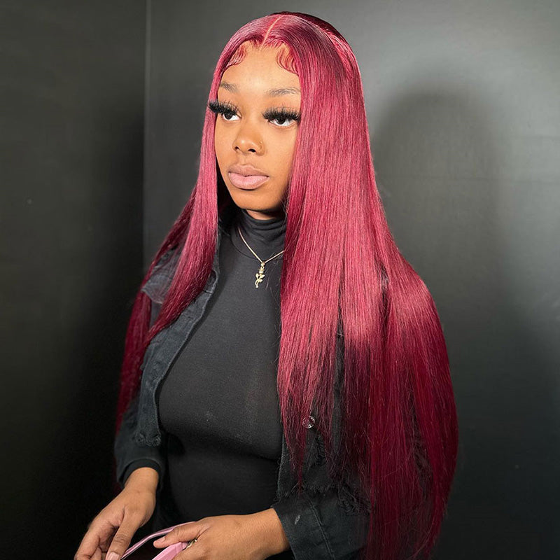 Bling Hair Burgundy Straight Lace Front Human Hair Wigs 99J Color Wear and Go Glueless 5x5 Lace Closure Wig