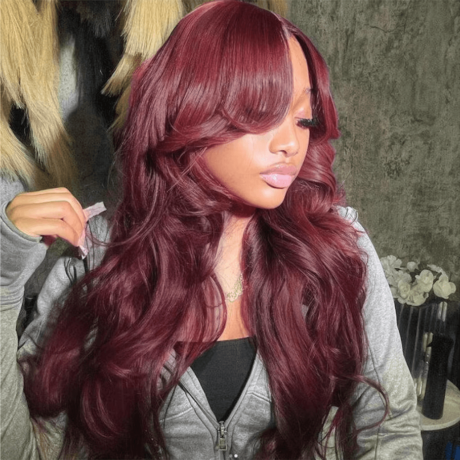 Body Wave Burgundy Curtain Bangs Human Hair 13x4/13x6/5x5 Lace Wigs