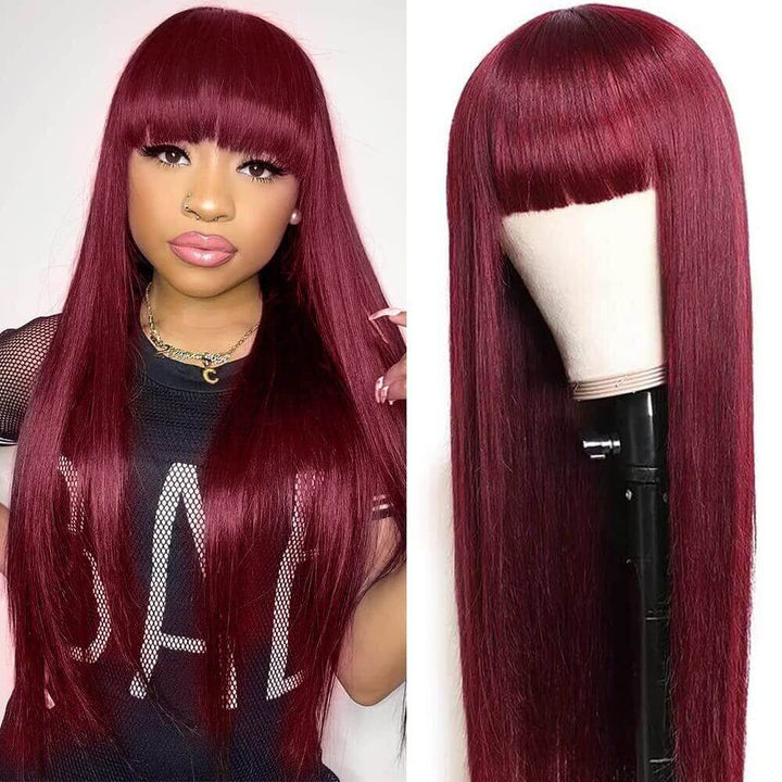 Burgundy Straight Wig Full Machine Made Scalp With Bangs #99j Remy Brazilian Human Hair Wigs