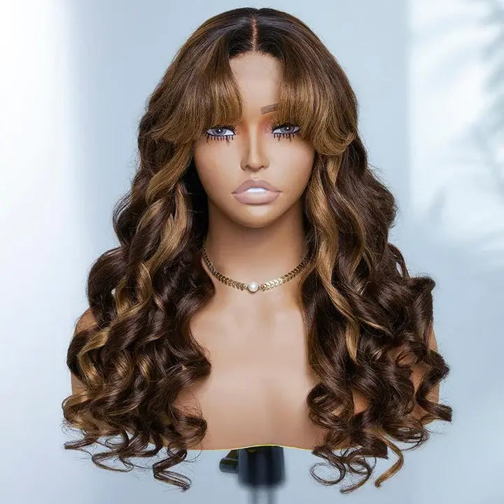 Chocolate Brown Highlight Loose Wave Curtain Bangs Human Hair Wigs