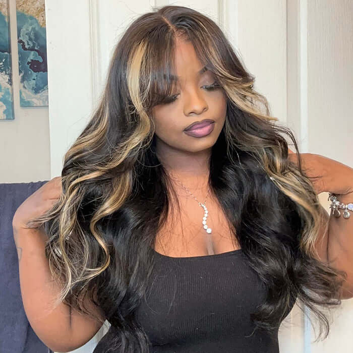 Curtain Bangs Blayage Highlight 1B/27 Color Body Wave Human Hair Glueless Lace Front Wigs