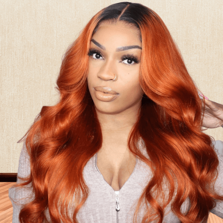 Dark Roots Ginger Orange Ombre Human Hair Lace Frontal Wigs