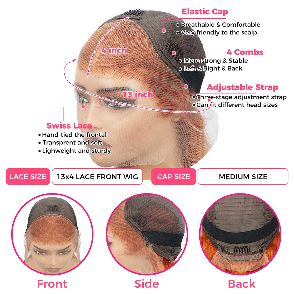 Burnt Orange Straight 13x4 Lace Front Straight Butterfly Haircut Ginger Wig Layered Hair