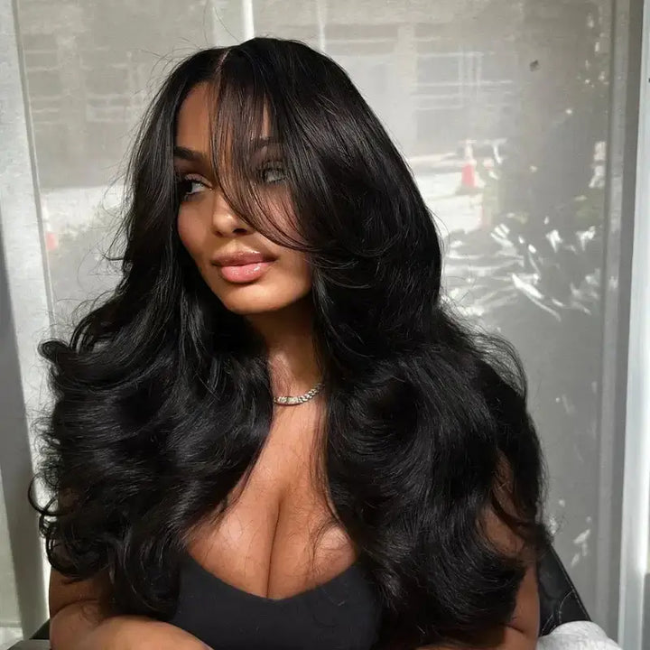 Curtain Bangs Human Hair Wig 250 Density 13X4 Lace Frontal Body Wave Wavy Wigs