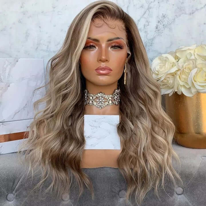 Ash Blonde Wavy Body Wave 13x4 Lace Front Wig With Dark Roots Glueless Human Hair Wig