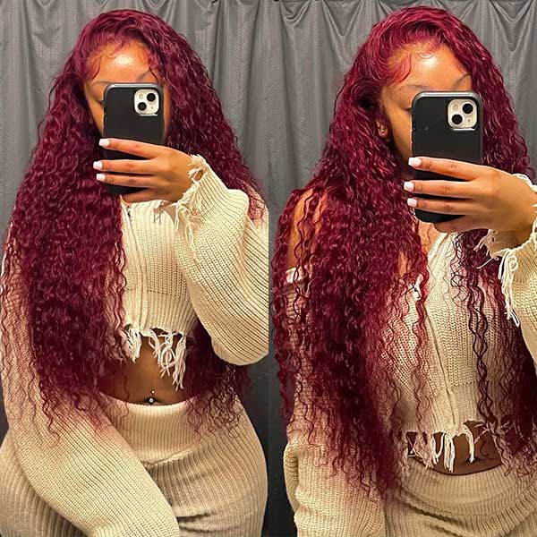 99J Burgundy Deep Wave Wig Beautiful Crimp Wave Lace Front Human Hair Wigs