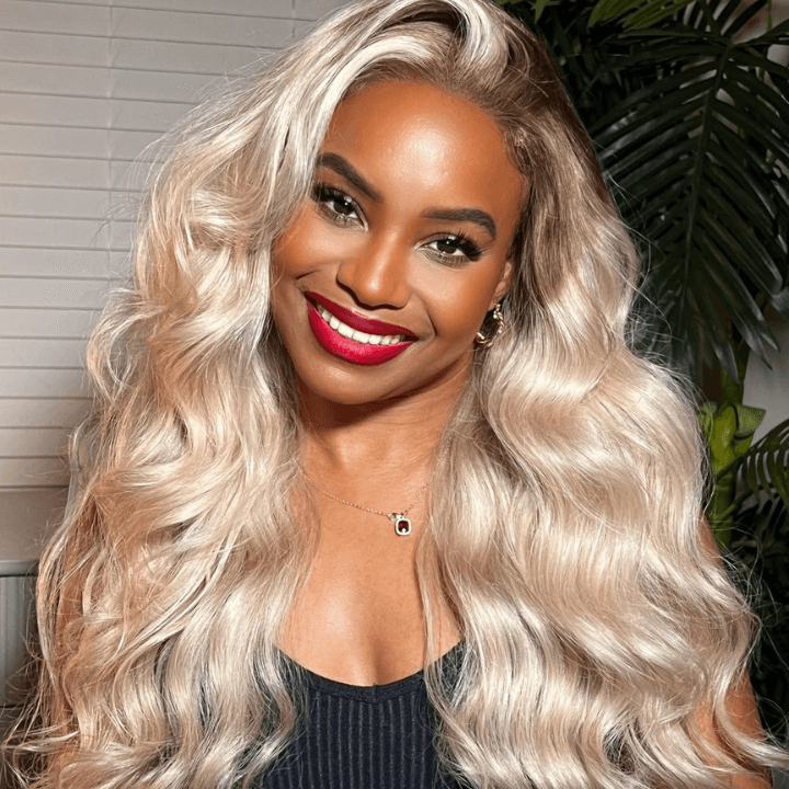 Ash Blonde Color Human Hair Body Lace Front Wigs Pre-Plucked Brown Root Mix #613 Hot Color Wigs