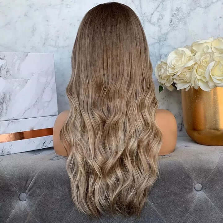 Ash Blonde Wavy Body Wave 13x4 Lace Front Wig With Dark Roots Glueless Human Hair Wig
