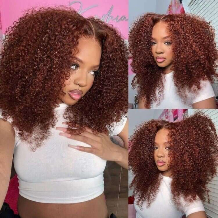 Auburn Brown Color 13x4 Glueless Lace Frontal Wig Kinky Curly Human Hair