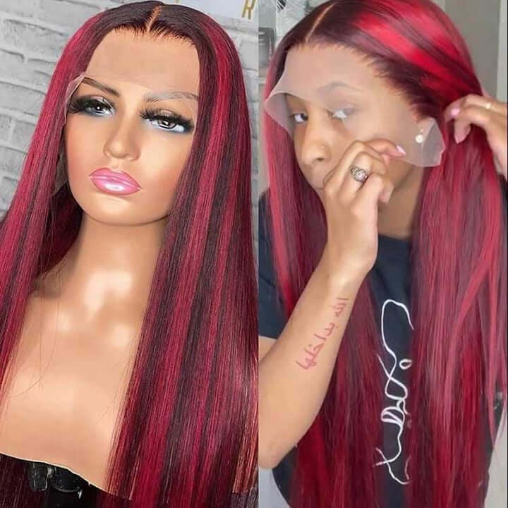 Black Hair With Red Highlights 99J Burgundy 13x4 13x6 Lace Frontal Human Hair Wigs