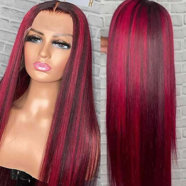 Black Hair With Red Highlights 99J Burgundy 13x4 13x6 Lace Frontal Human Hair Wigs