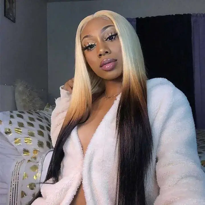 Blonde Brown Ombre Wig Bone Straight 13x4 Lace Front Human Hair Wigs