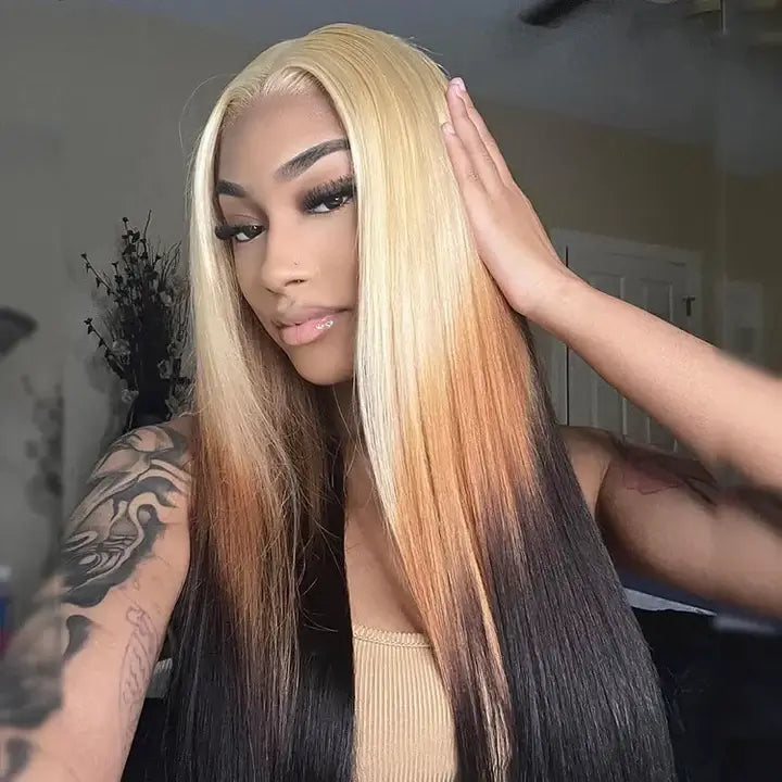 Blonde Brown Ombre Wig Bone Straight 13x4 Lace Front Human Hair Wigs