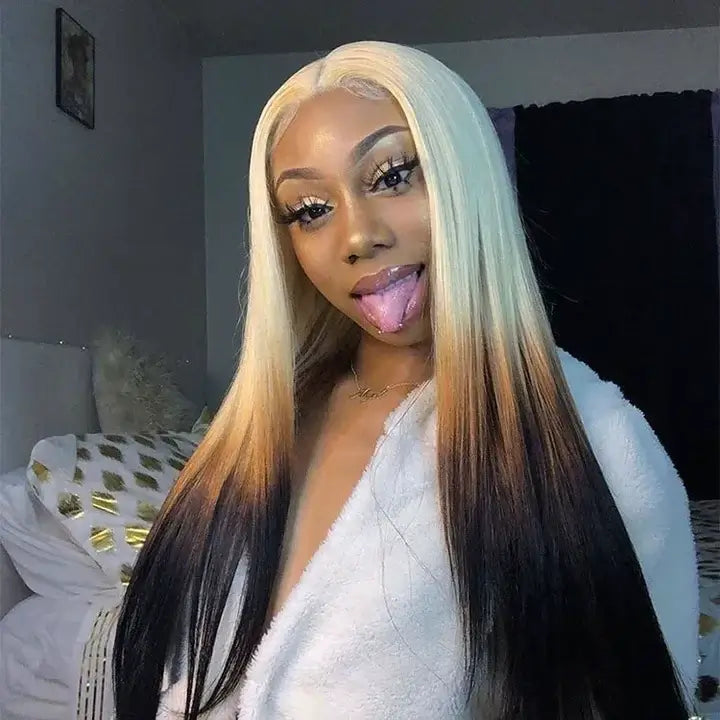 Blonde Brown Ombre Wig Bone Straight 13x4 Lace Front Human Hair Wigs