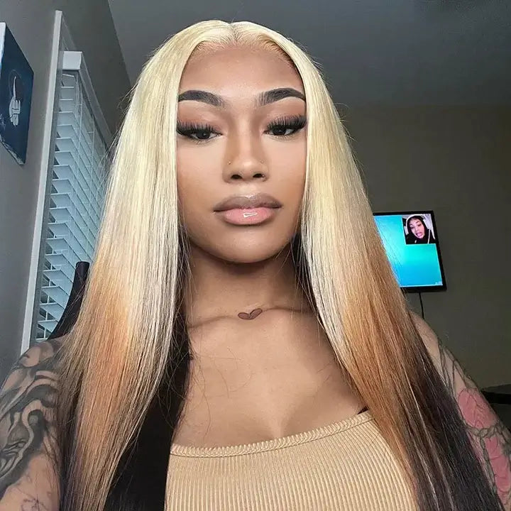 Blonde Brown Ombre Wig Bone Straight 13x4 Lace Front Human Hair Wigs