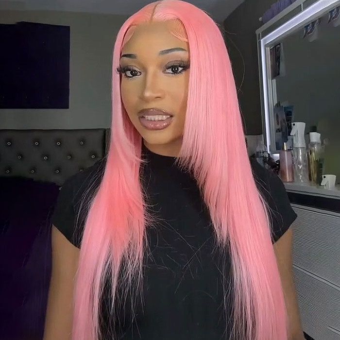 Bone Straight 13x4 Lace Front Wig Human Hair With Layer Inner Buckle Omber Pink Color Wig