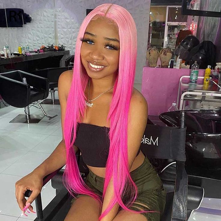 Bone Straight 13x4 Lace Front Wig Human Hair With Layer Inner Buckle Omber Pink Color Wig