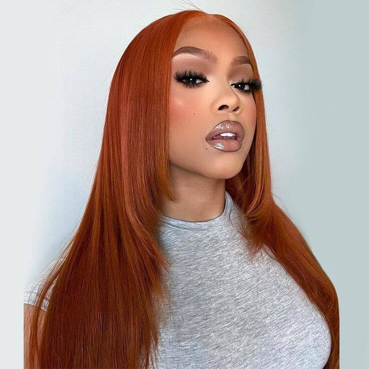 Burnt Orange Straight 13x4 Lace Front Straight Butterfly Haircut Ginger Wig Layered Hair