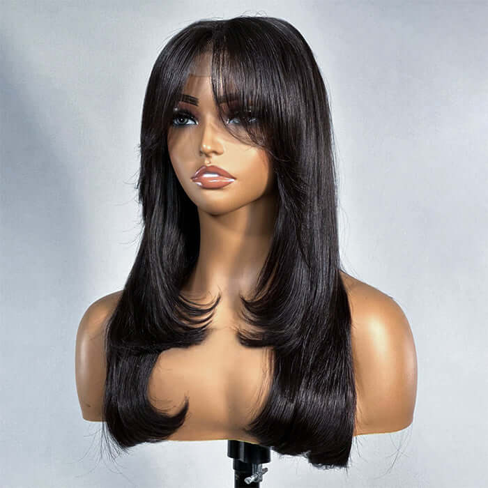 Curtain Bangs 13x4 Frontal Lace Wig Butterfly Haircut Straight Human Hair Wigs with Pre-Bleached Knots