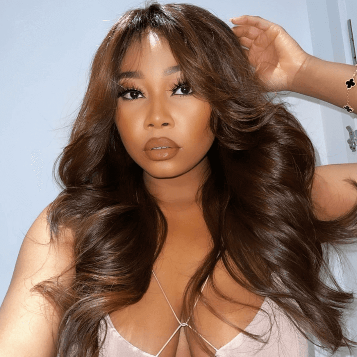 Curtain Bangs Chocolate Brown #4 Glueless Lace Wig  Body Wave Human Hair Wigs