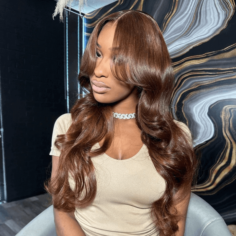Curtain Bangs Chocolate Brown #4 Glueless Lace Wig  Body Wave Human Hair Wigs