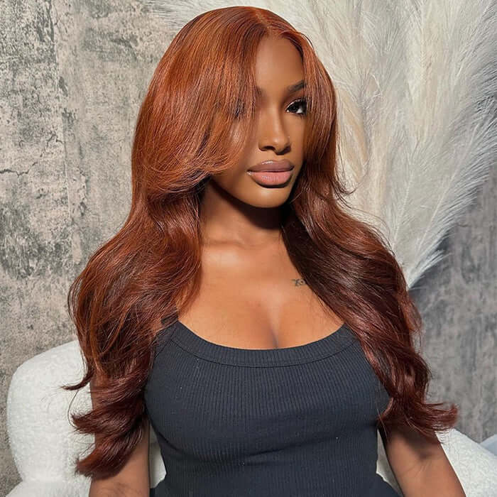 Curtain Bangs Copper Brown Body Wave Human Hair Wig HD Lace Human Hair Wig