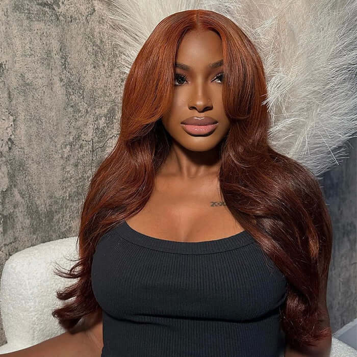 Curtain Bangs Copper Brown Body Wave Human Hair Wig HD Lace Human Hair Wig