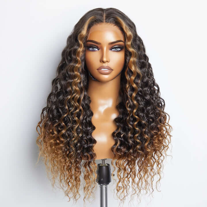 Fluffy Brown Ombre Highlights Water Wave Glueless 5x5 Closure HD Lace Wig