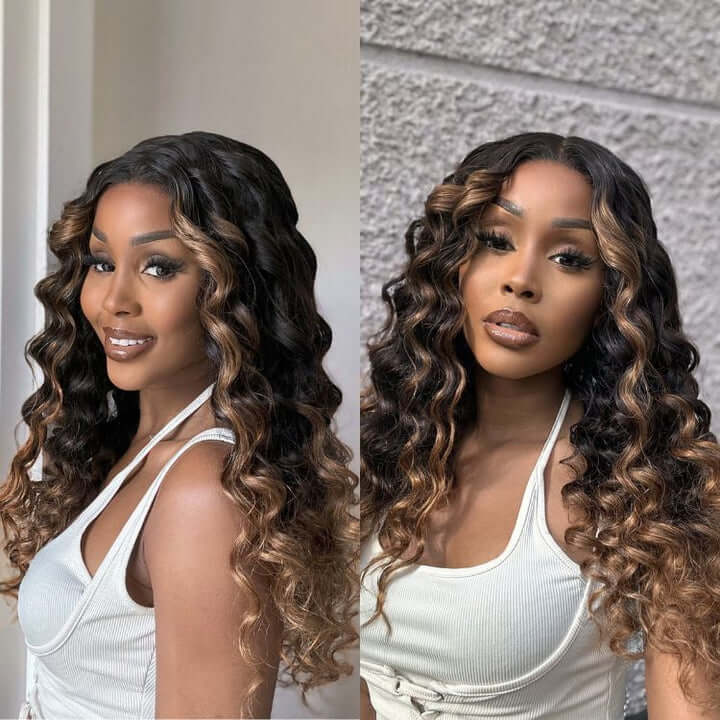 Fluffy Brown Ombre Highlights Water Wave Glueless 5x5 Closure HD Lace Wig