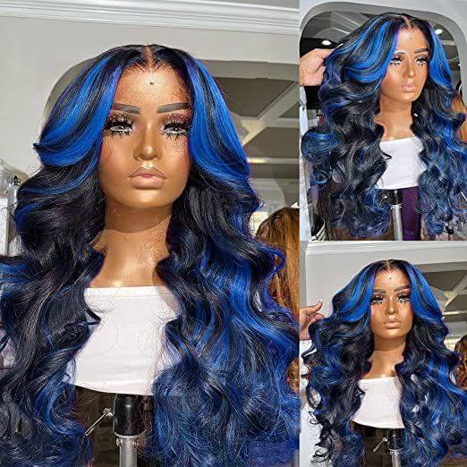 Glueless Highlight Blue Body Wave Transparent Lace Front Color Wigs Human Hair Wigs For Women