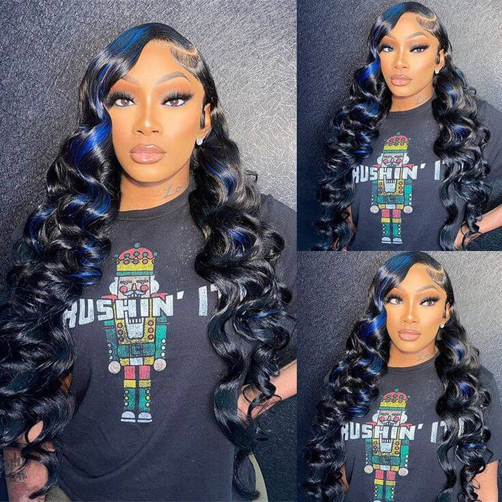 Glueless Highlight Blue Body Wave Transparent Lace Front Color Wigs Human Hair Wigs For Women