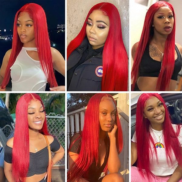 Gorgeous Red Color Transparent Lace Wigs Straight Human Hair Wigs Pre Plucked With Baby Hair