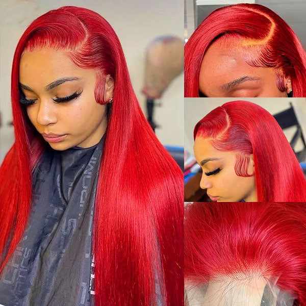 Gorgeous Red Color Transparent Lace Wigs Straight Human Hair Wigs Pre Plucked With Baby Hair
