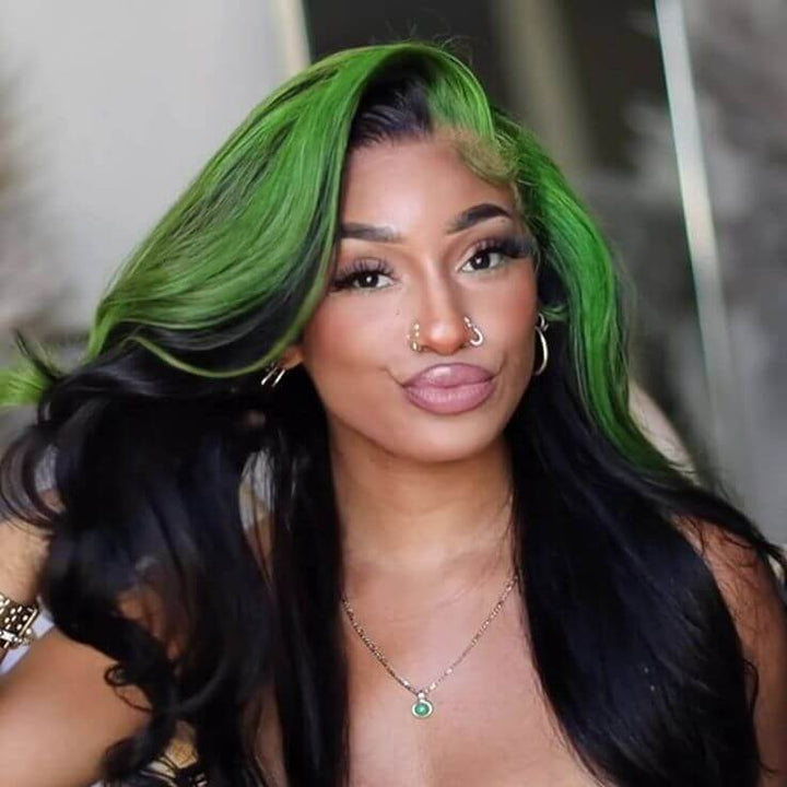 Green Skunk Stripe Color Wig Transparent Lace Front Wigs