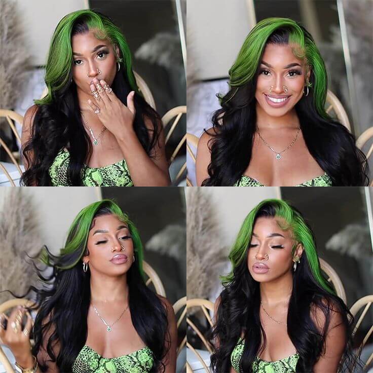 Green Skunk Stripe Color Wig Transparent Lace Front Wigs