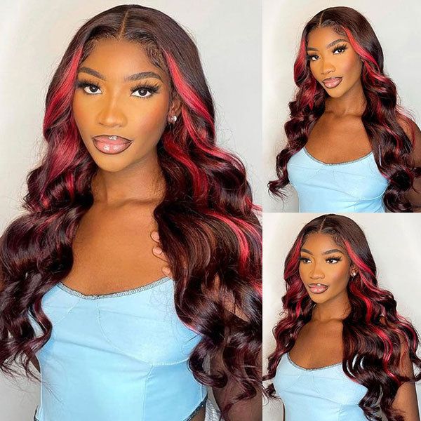 Highlight Rose Red With Dark Burgundy Loose Wave 13x4 Front Wig Colored Human Hair Wigs