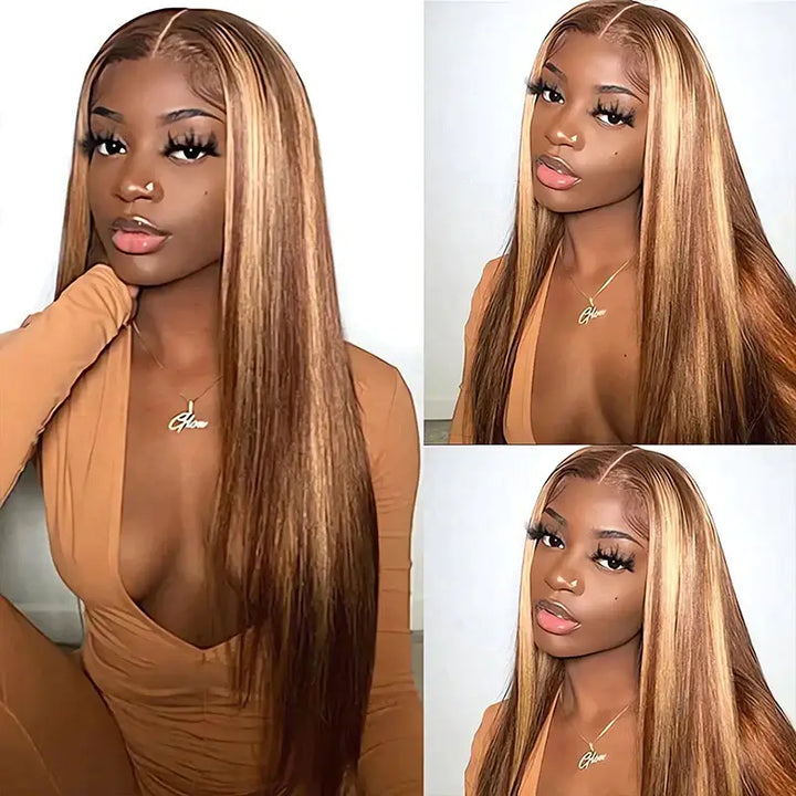 Honey Blonde Piano Highlights Color Hair Straight Colored Wigs