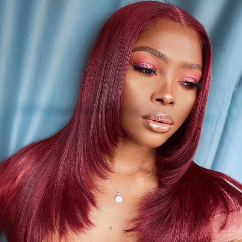 Layered Cut Glueless Burgundy Lace Front Human Hair Wig 99J Wine Red Colored 13x4 HD Transparent Lace Frontal Wig