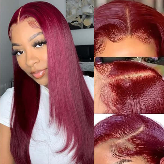Layered Cut Glueless Burgundy Lace Front Human Hair Wig 99J Wine Red Colored 13x4 HD Transparent Lace Frontal Wig