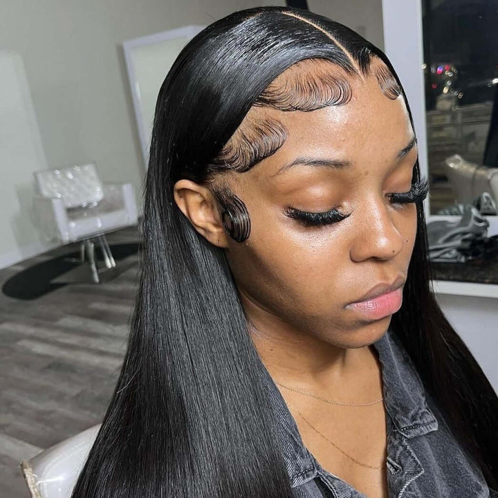 Long Straight 13x6 Lace Frontal Wig Natural Black Human Hair Wigs Free Part