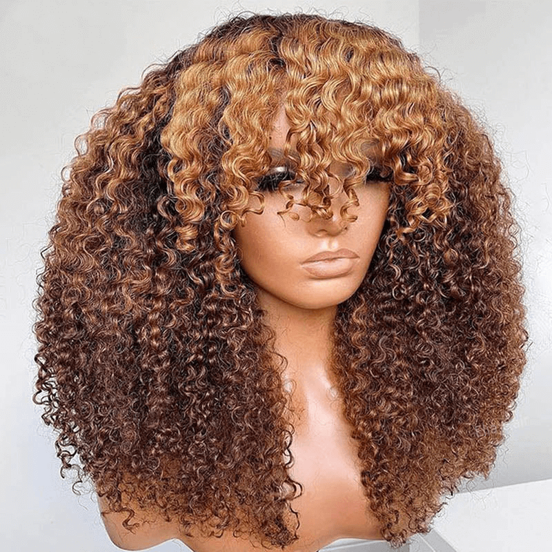 Ombre Highlight Brown Afro Kinky Curly Wig With Bangs Full Machine Made Wigs Remy Hair