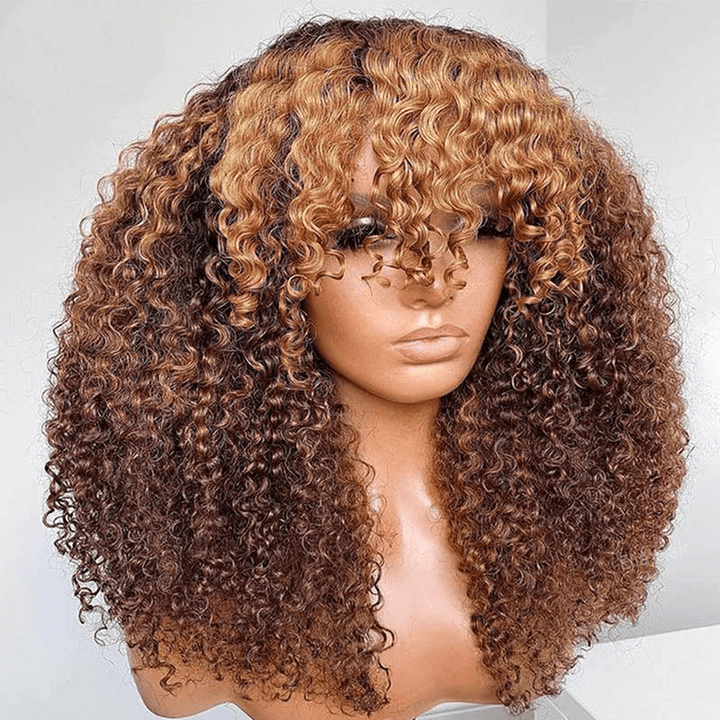 Ombre Highlight Brown Afro Kinky Curly Wig With Bangs Full Machine Made Wigs Remy Hair
