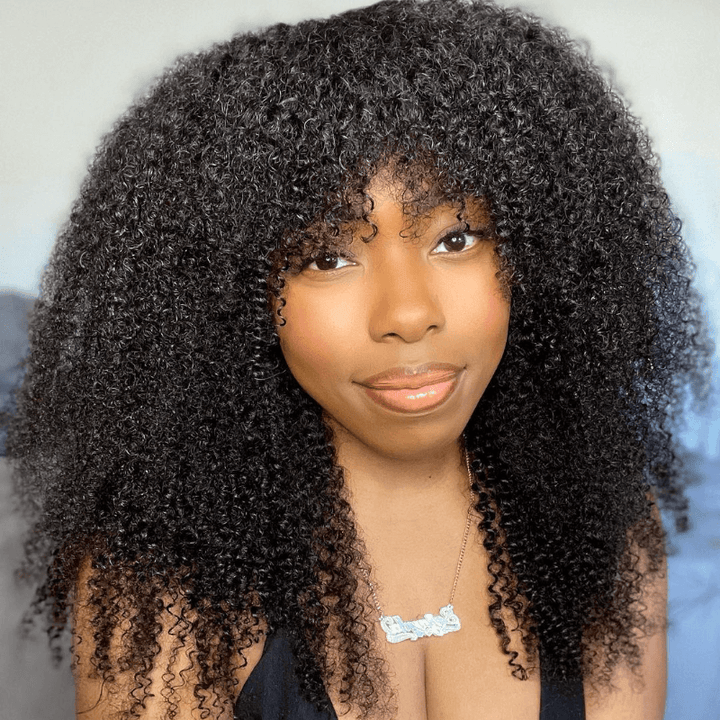 Ombre Highlight Brown Afro Kinky Curly Wig With Bangs Full Machine Made Wigs Remy Hair