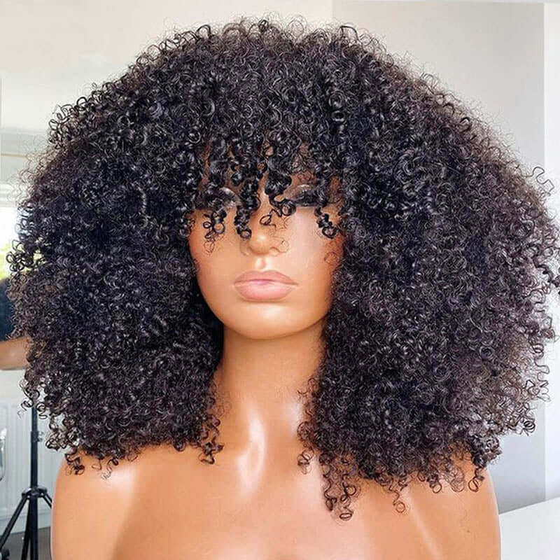 Ombre Highlight Brown Afro Kinky Curly Wig With Bangs Full Machine Made Wigs Remy Hair