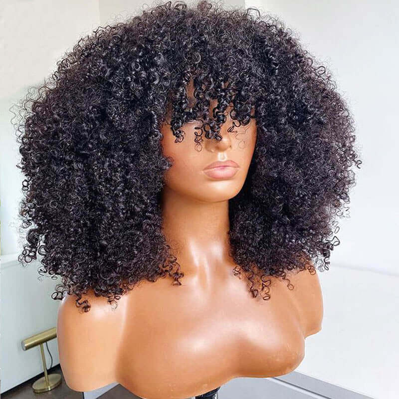 Ombre Highlight Brown Afro Kinky Curly Wig With Bangs Full Machine Made Wigs Remy Hair