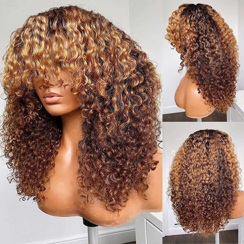 Ombre Highlight Brown Afro Kinky Curly Wig With Bangs Full Machine Made Wigs Remy Hair